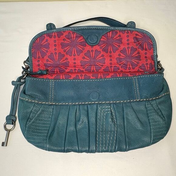 Vintage Y2K Fossil East West Shoulder Bag Blue Denim Stitch Leather Buckle - Picture 4 of 10